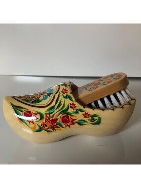 Decorative Dutch Delft Wooden Shoe Brush Holder and Brush Holland Floral Design
